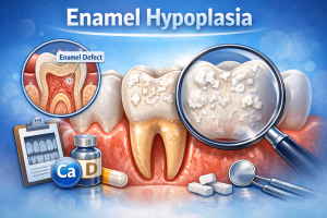 Close-up dental illustration showing enamel hypoplasia with white patches, pits, and weakened enamel on a molar tooth.