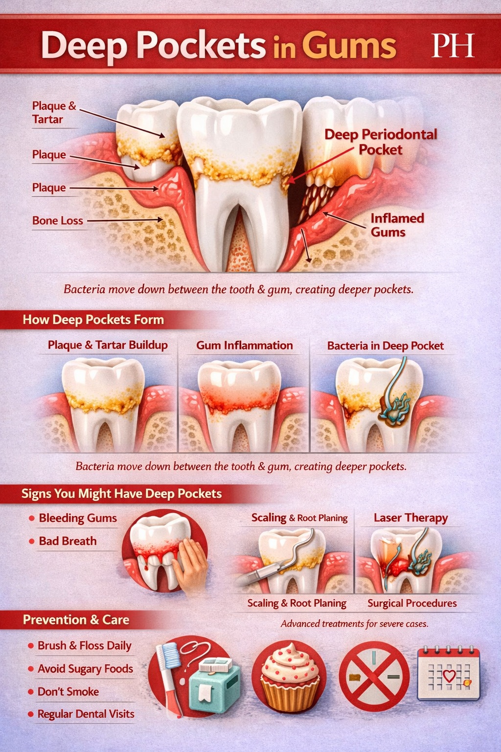 Infographic showing deep periodontal pockets in gums caused by plaque, inflammation, and bacteria, with treatment and prevention steps.